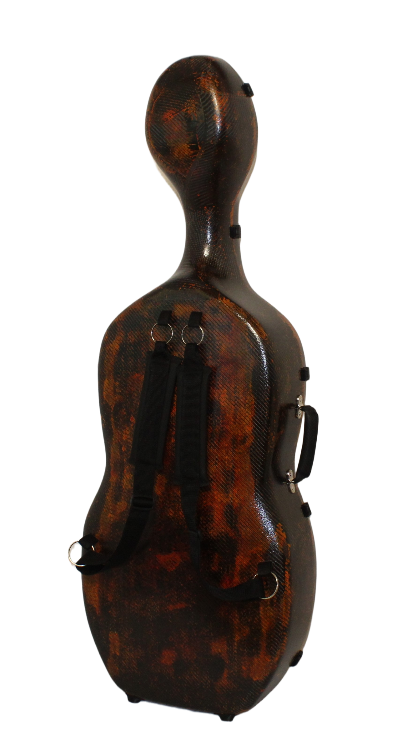 3D Fire Carbon cello case with carbon pattern on a white background