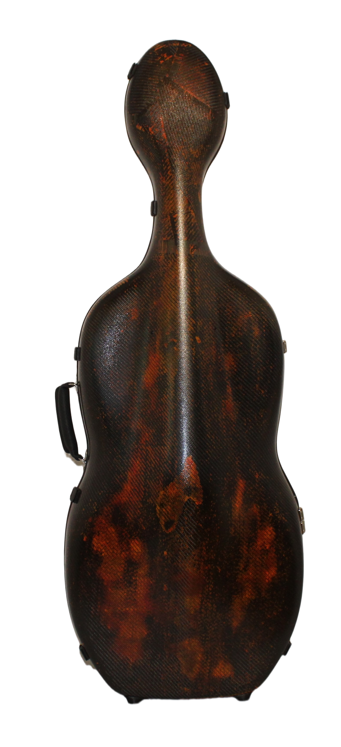 3D Fire Carbon Fiber Cello Case with a carbon pattern on a white background