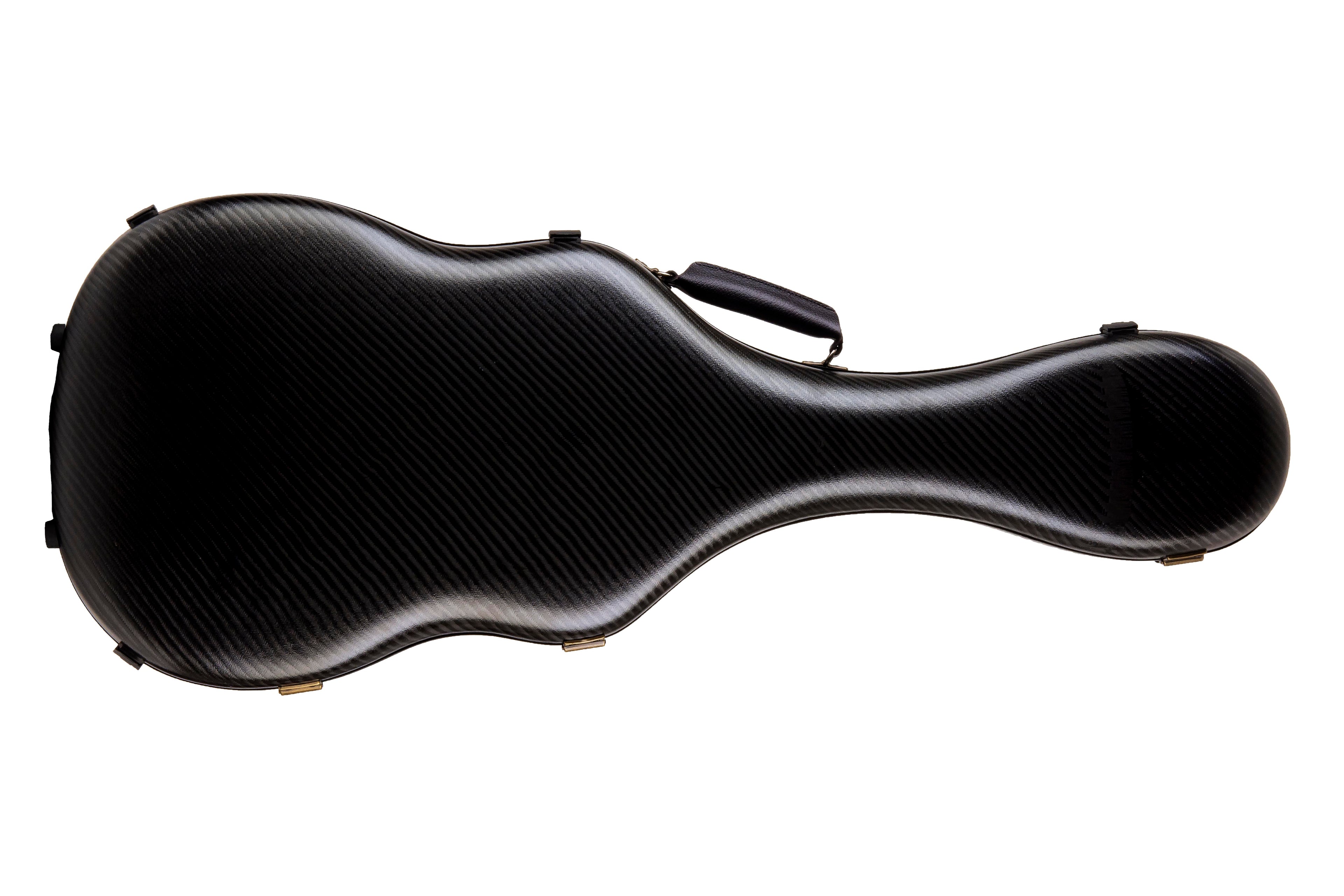 Black carbon fiber guitar case on a white background