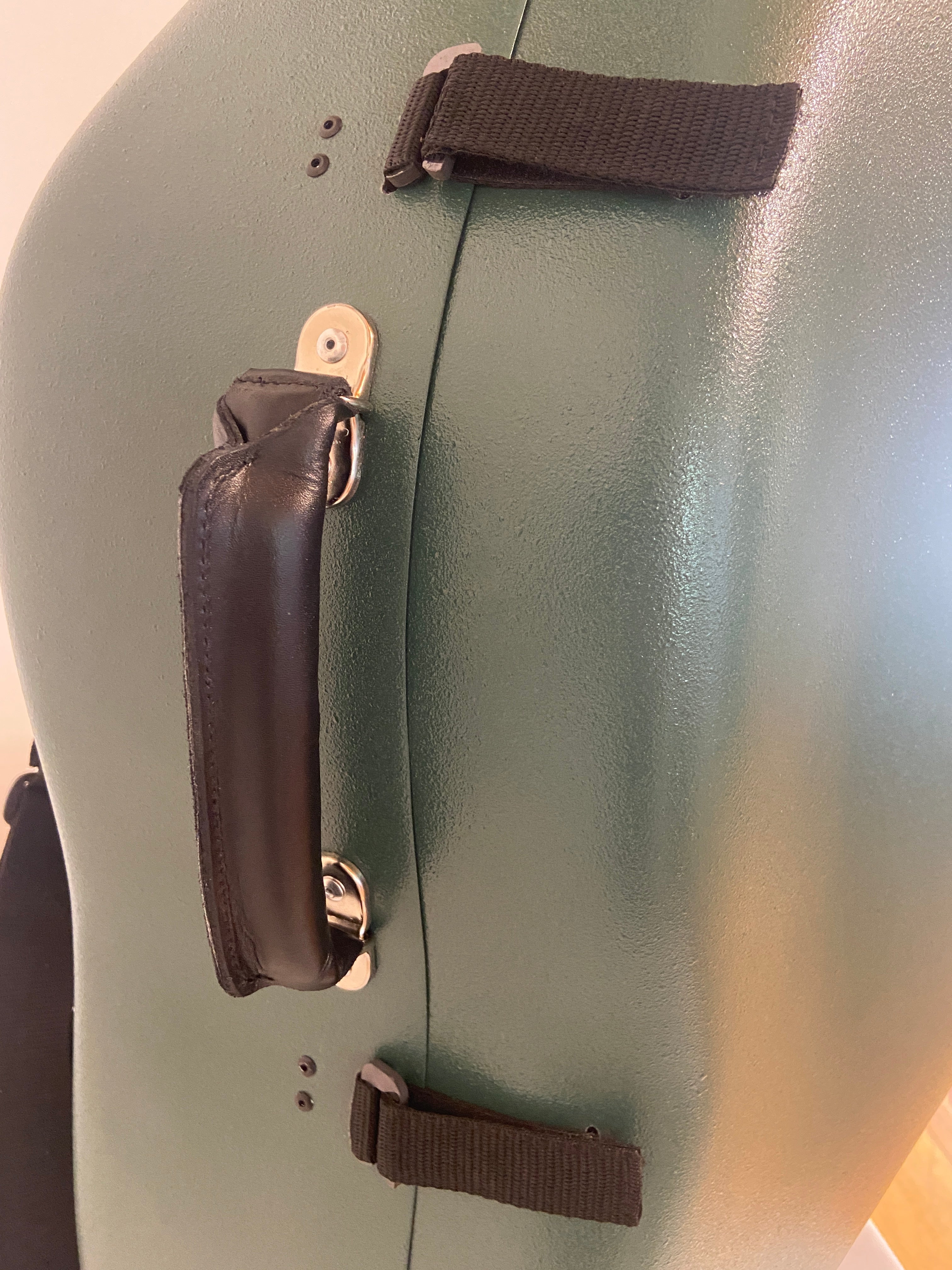 Close-up of a green viola da gamba with black straps and handle on a white background
