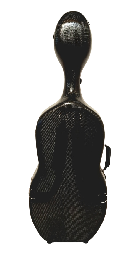 Black carbon cello case on a white background