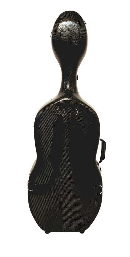 Black carbon cello case on a white background