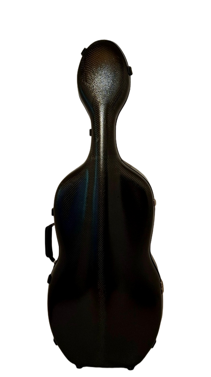 Black cello case on a white background