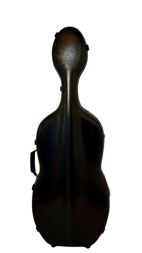 Black cello case on a white background