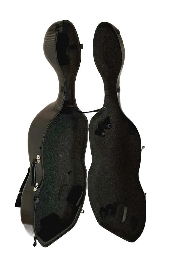 Black hard cello case on a white background