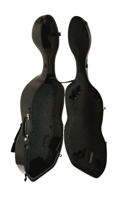 Black hard cello case on a white background