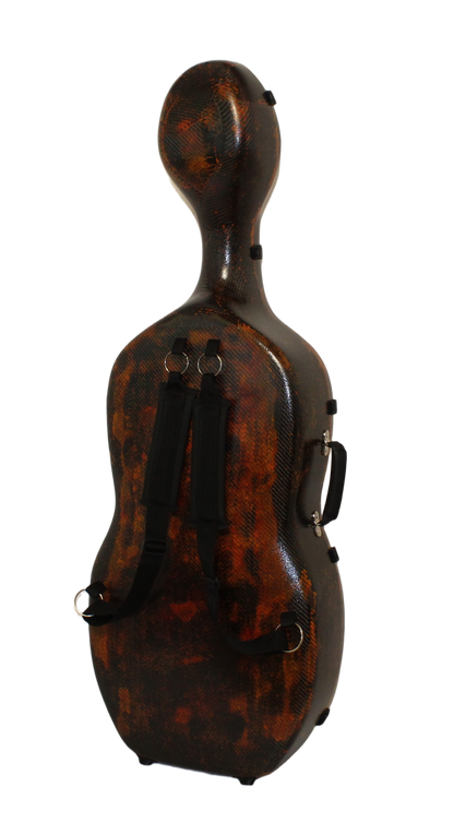 3D Fire Carbon cello case with carbon pattern on a white background