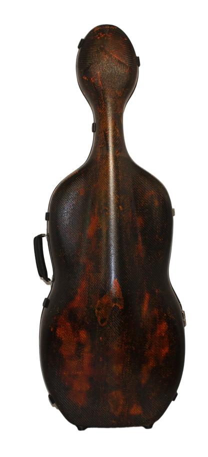 3D Fire Carbon Fiber Cello Case with a carbon pattern on a white background