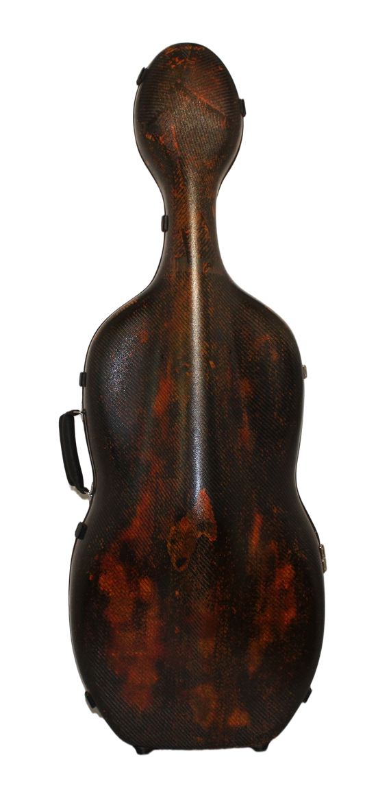 3D Fire Carbon Fiber Cello Case with a carbon pattern on a white background