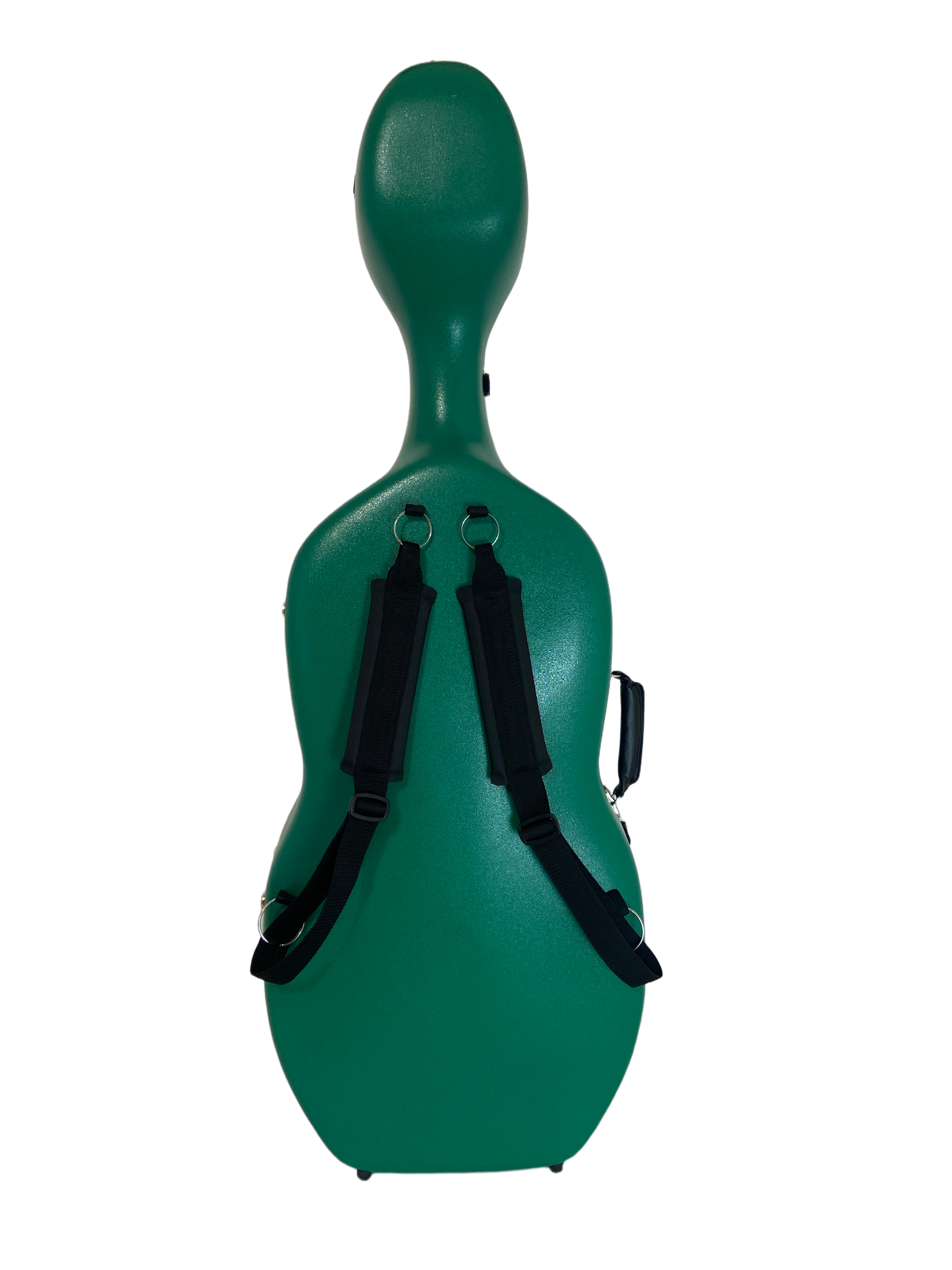 Green cello case with backstraps
