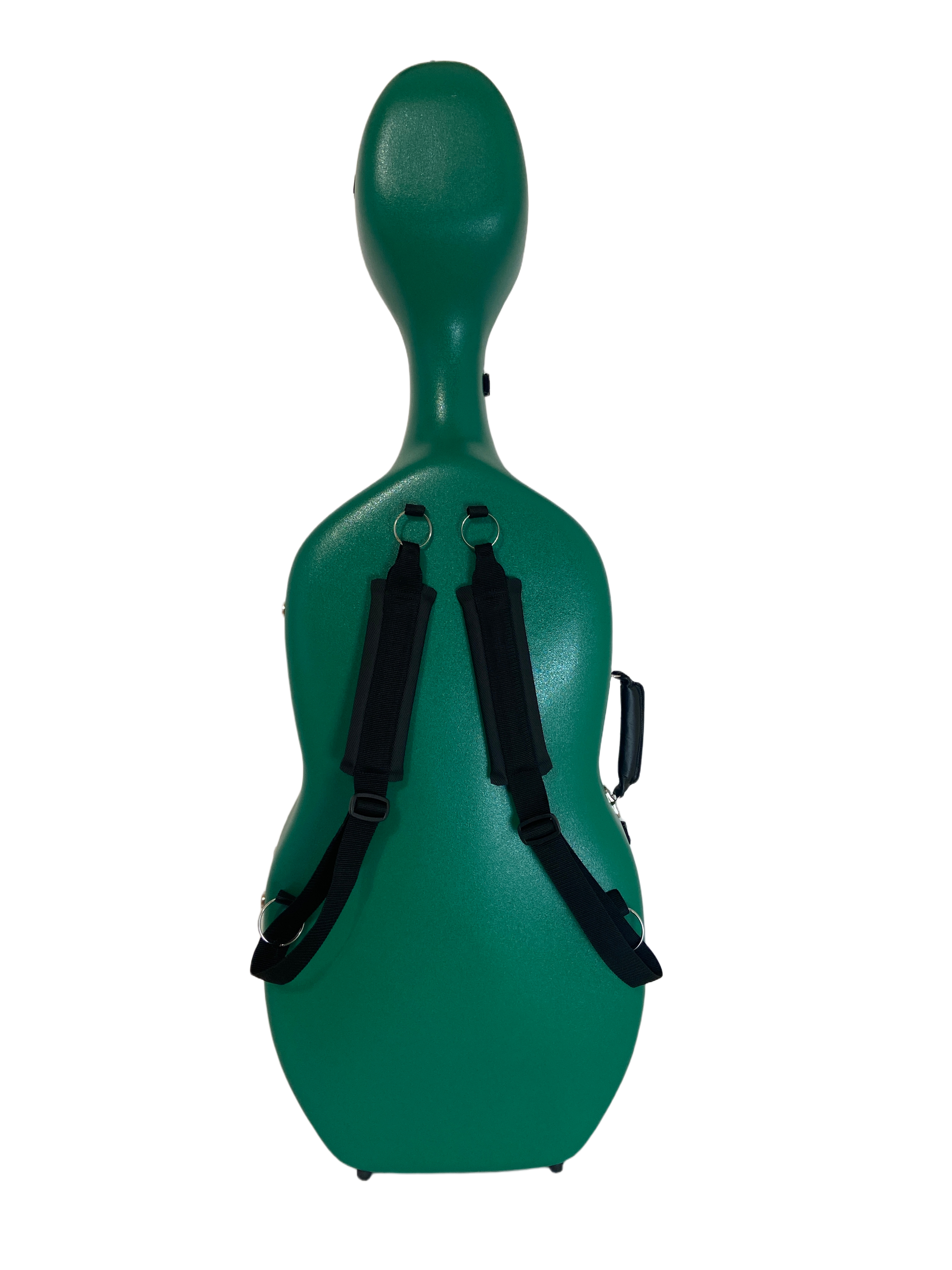 Green cello case with backstraps