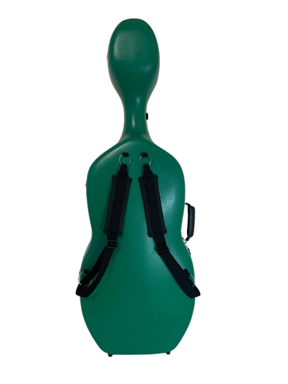 Green cello case with backstraps