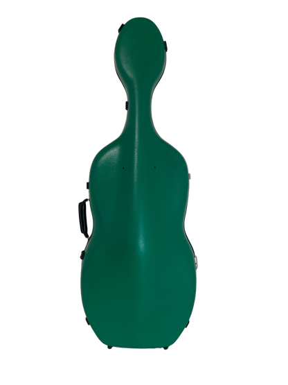 Green hard cello case on a white background