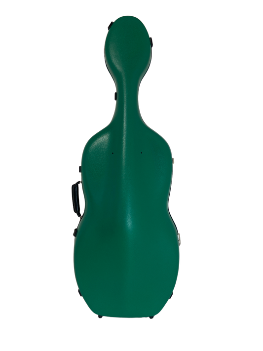 Green hard cello case on a white background