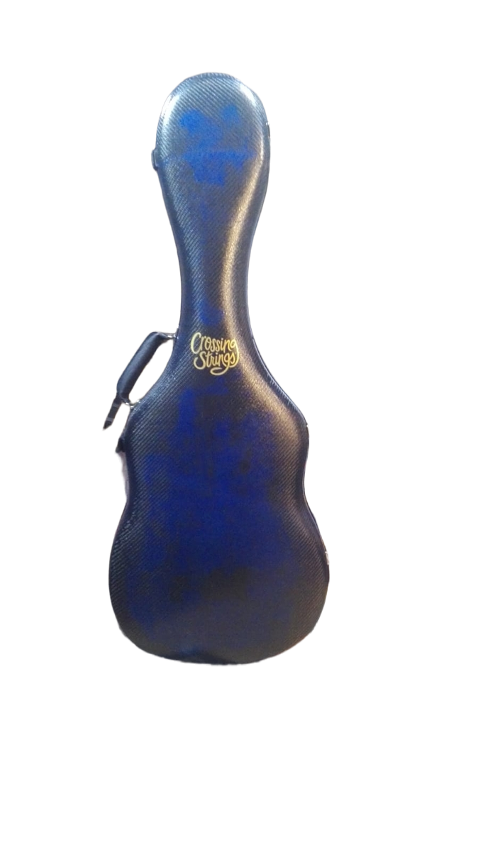 Blue guitar case with a brand logo 