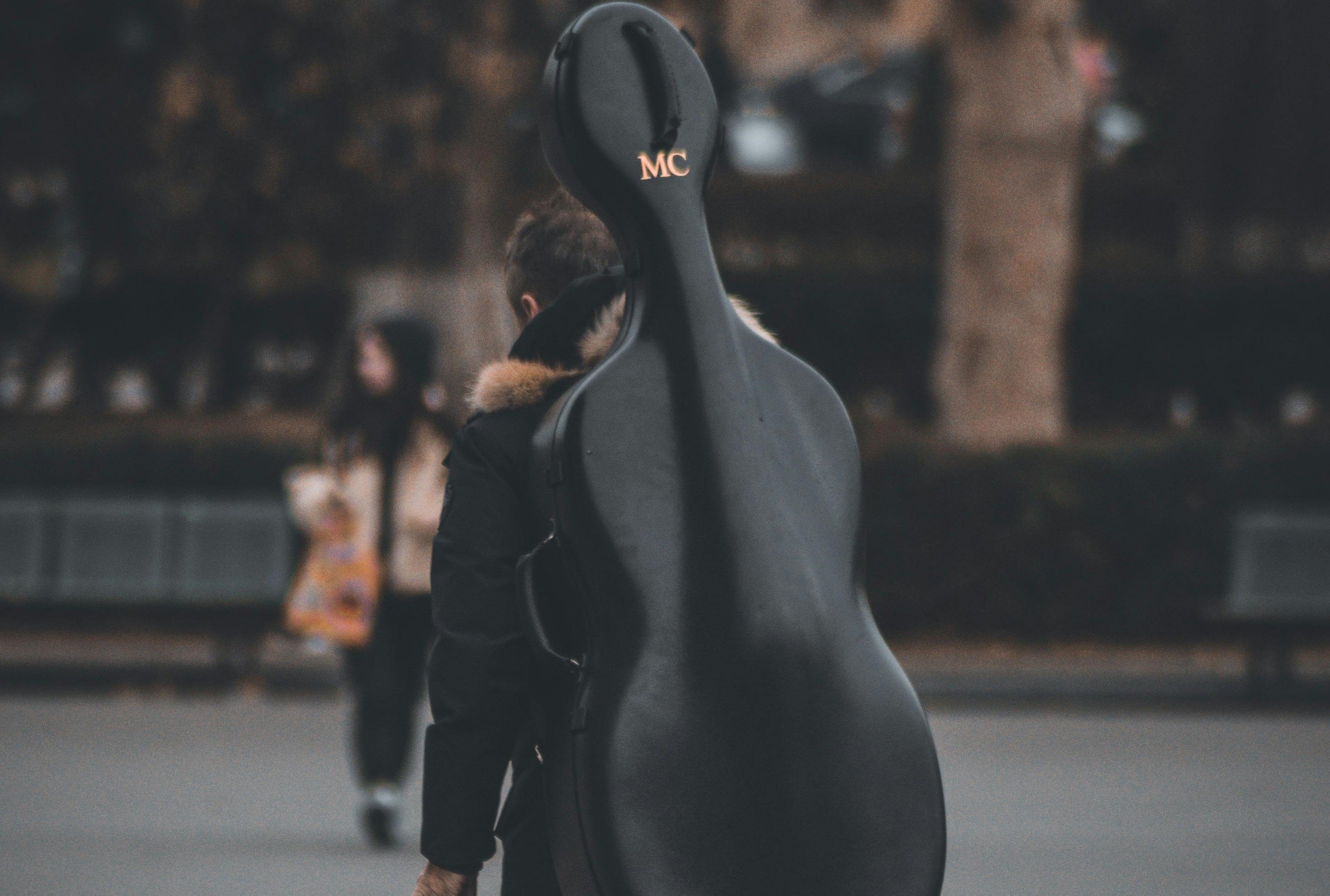 Marc Coppey cello case with 'MC' logo 