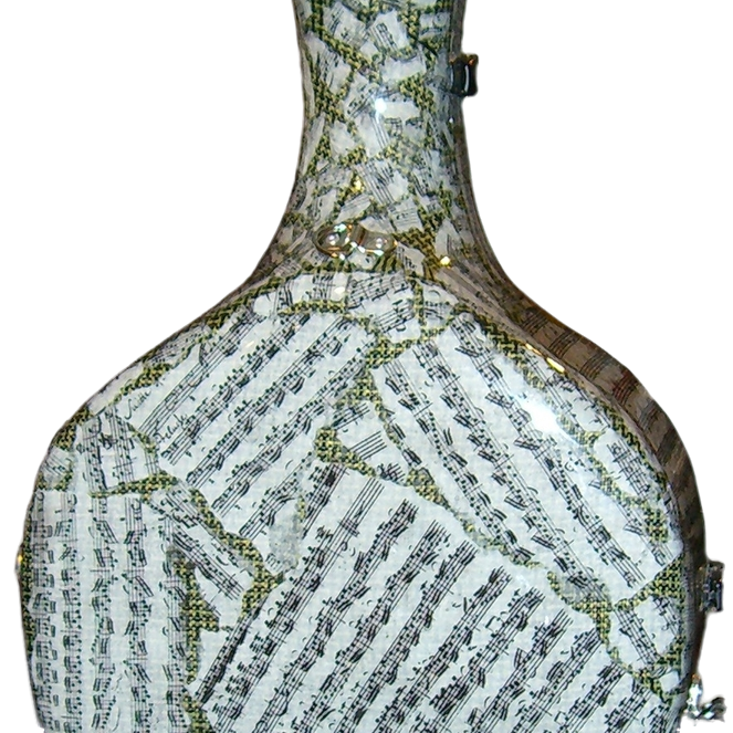 cello case with sheet music pattern on a white background
