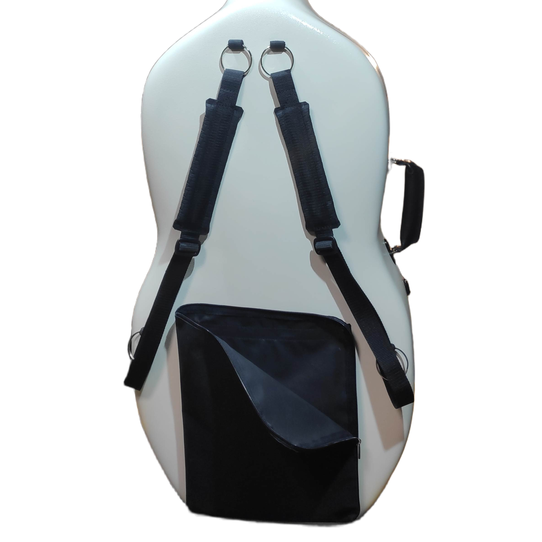 Cello case with black straps and music sheet pocket on a white background
