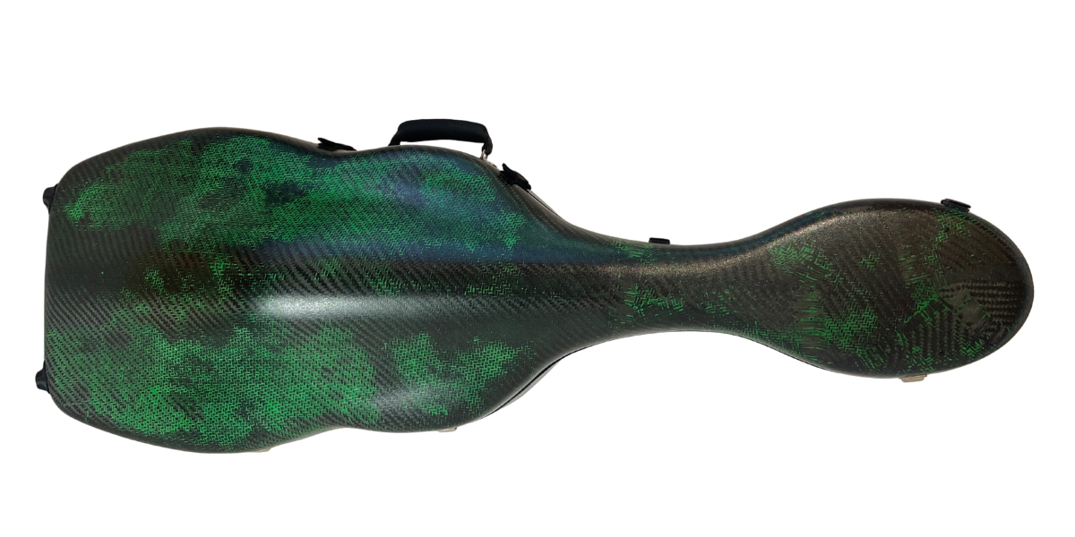 Green and black viola da gamba case on a white background