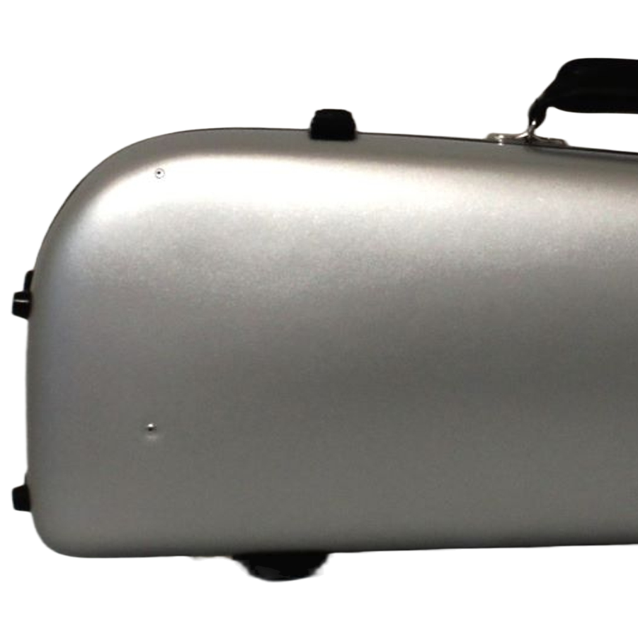 Silver violin case with black handle on a white background